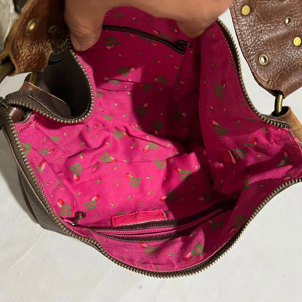 Y2K Betsey Johnson Womens Brown Studded Boho Floral Charm Leather Hobo Handbag